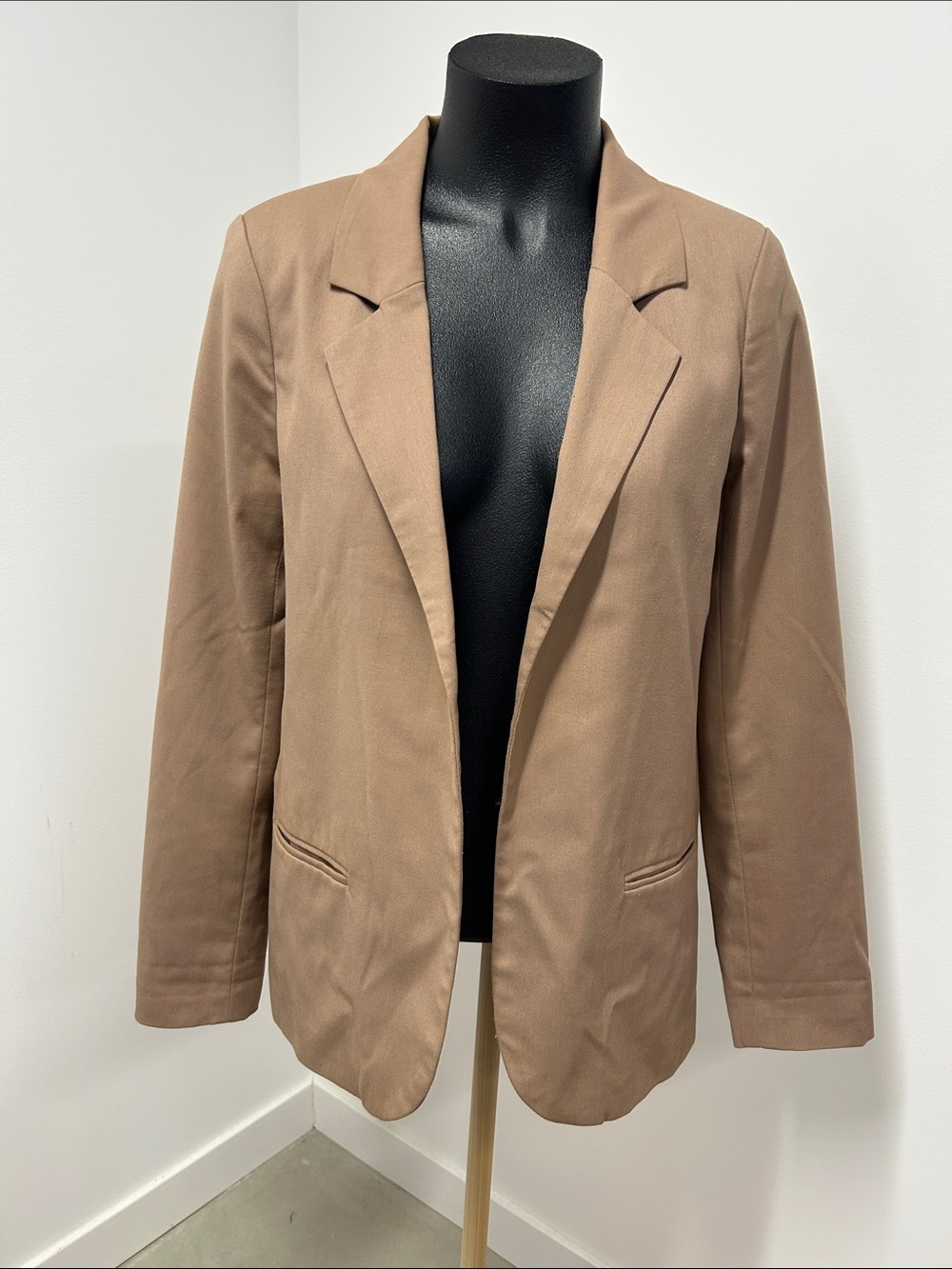 Fossil Tan Camel Blazer Jacket Open Front Heart Print Lining Structured Stretch